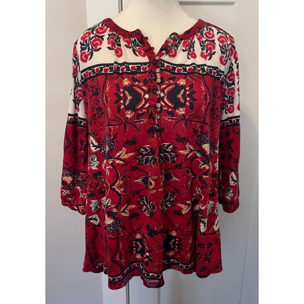 LUCKY BRAND Womens Knit TOP 3/4 Sleeve RED Blue White FLORAL Size 1X